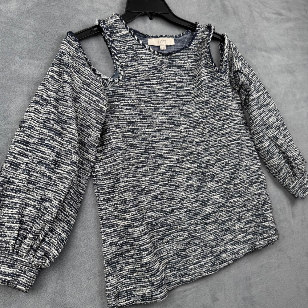 LOFT Cold Shoulder Sweater Knit Top Blue White Textured Long Sleeve Size XS